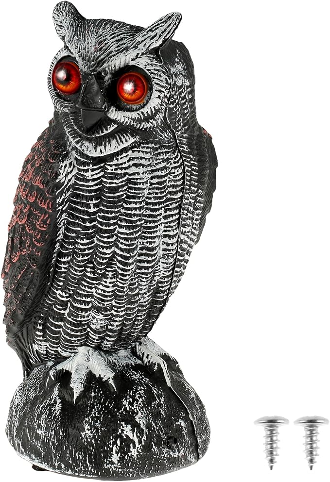 Solar Owl Decoys, Owl Bird Deterrent to Scare Birds Away with Red Flashing Eyes & Scaring Sound