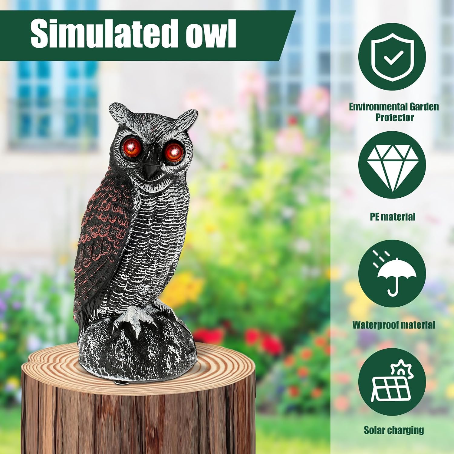 Solar Owl Decoys, Owl Bird Deterrent to Scare Birds Away with Red Flashing Eyes & Scaring Sound