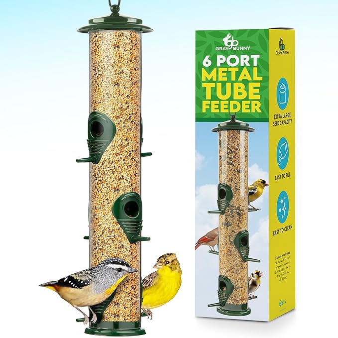 Gray Bunny Metal Bird Feeders for Outdoors Hanging, 6-Port